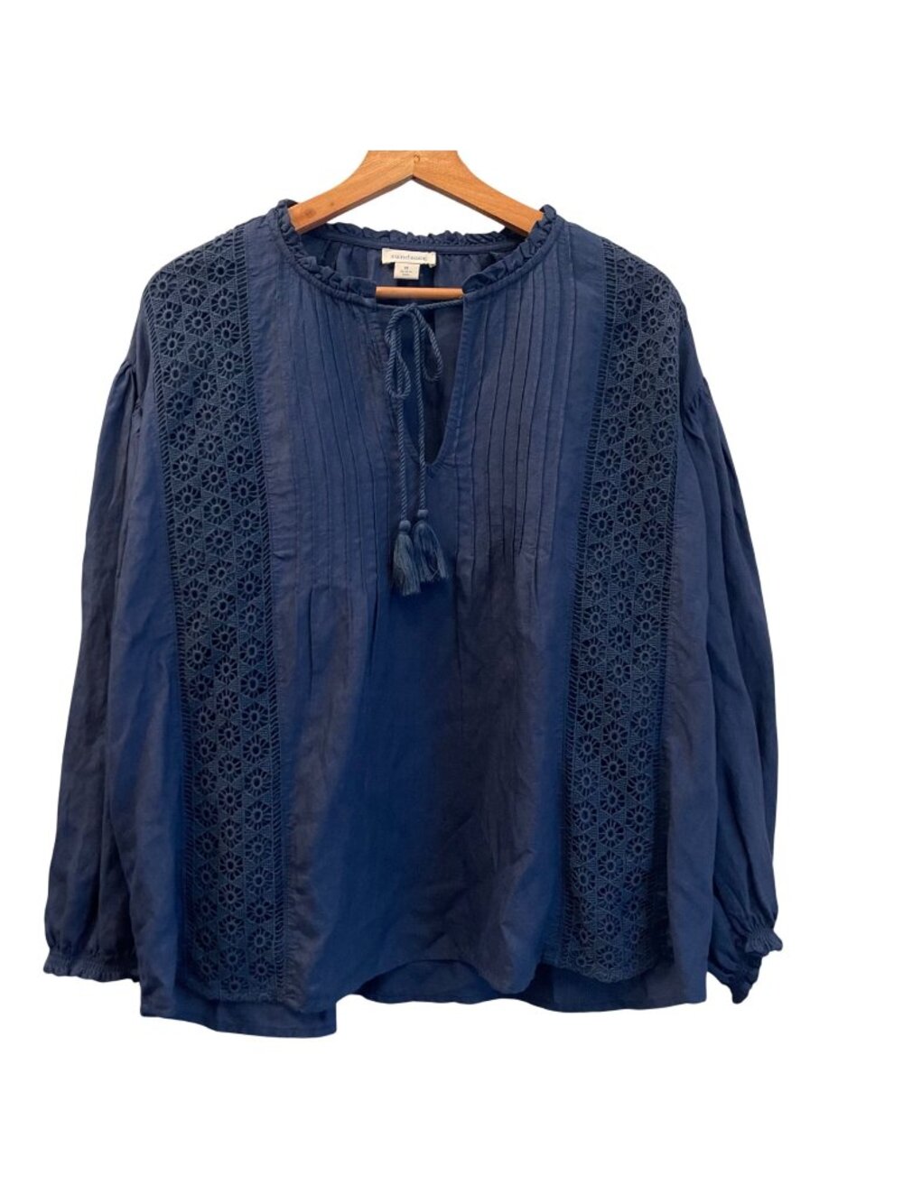 Sundance Women Linen Blend Boho Peasant Blouse Size M Cottagecore Pintuck Tassel